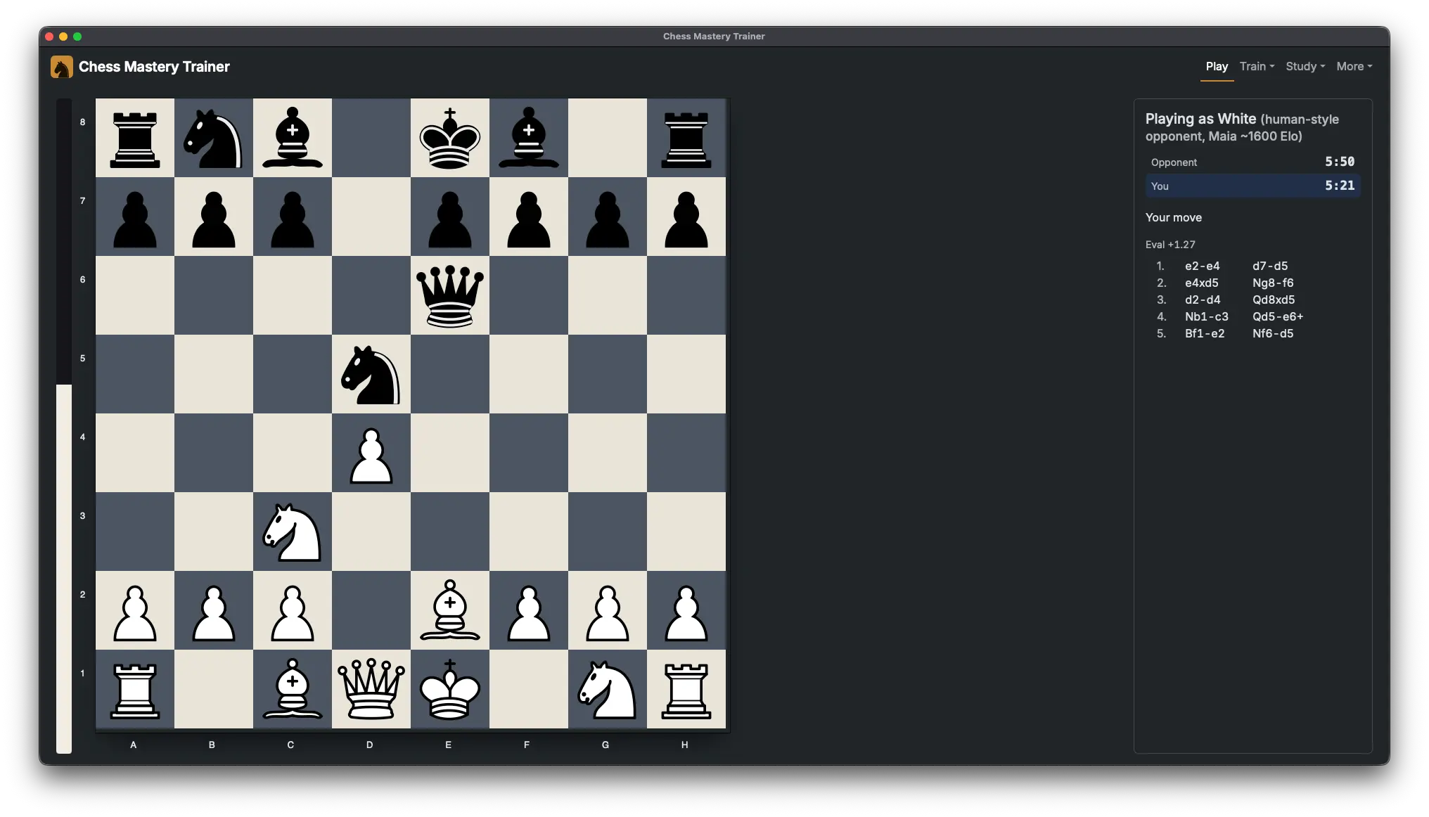 A game in progress against Chess Mastery Trainer's human-style Maia-3 opponent, with the Fischer clock, move list and live evaluation shown.