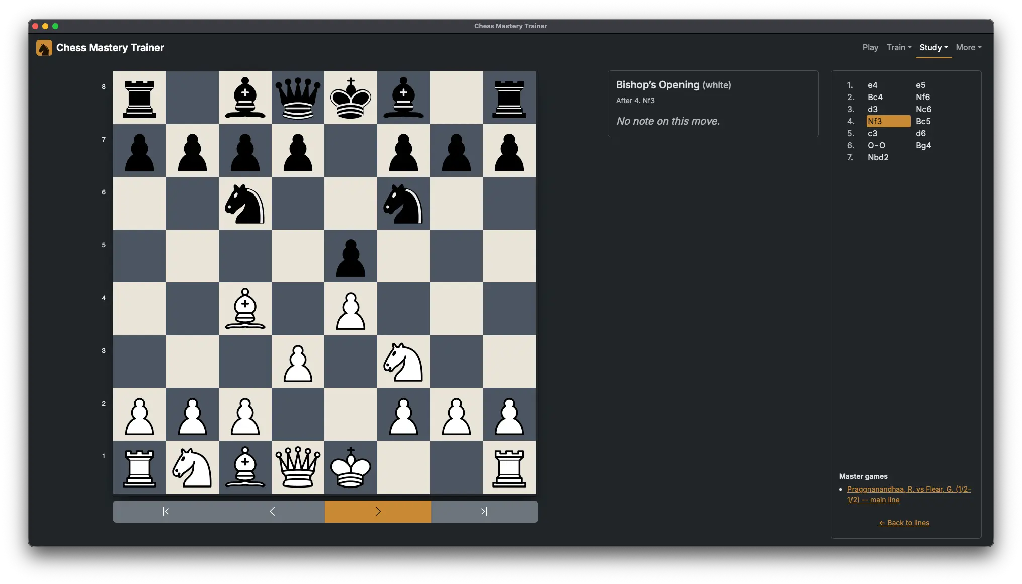 The opening repertoire editor in Chess Mastery Trainer, showing a prepared Bishop's Opening line, its move list, and a linked master game.