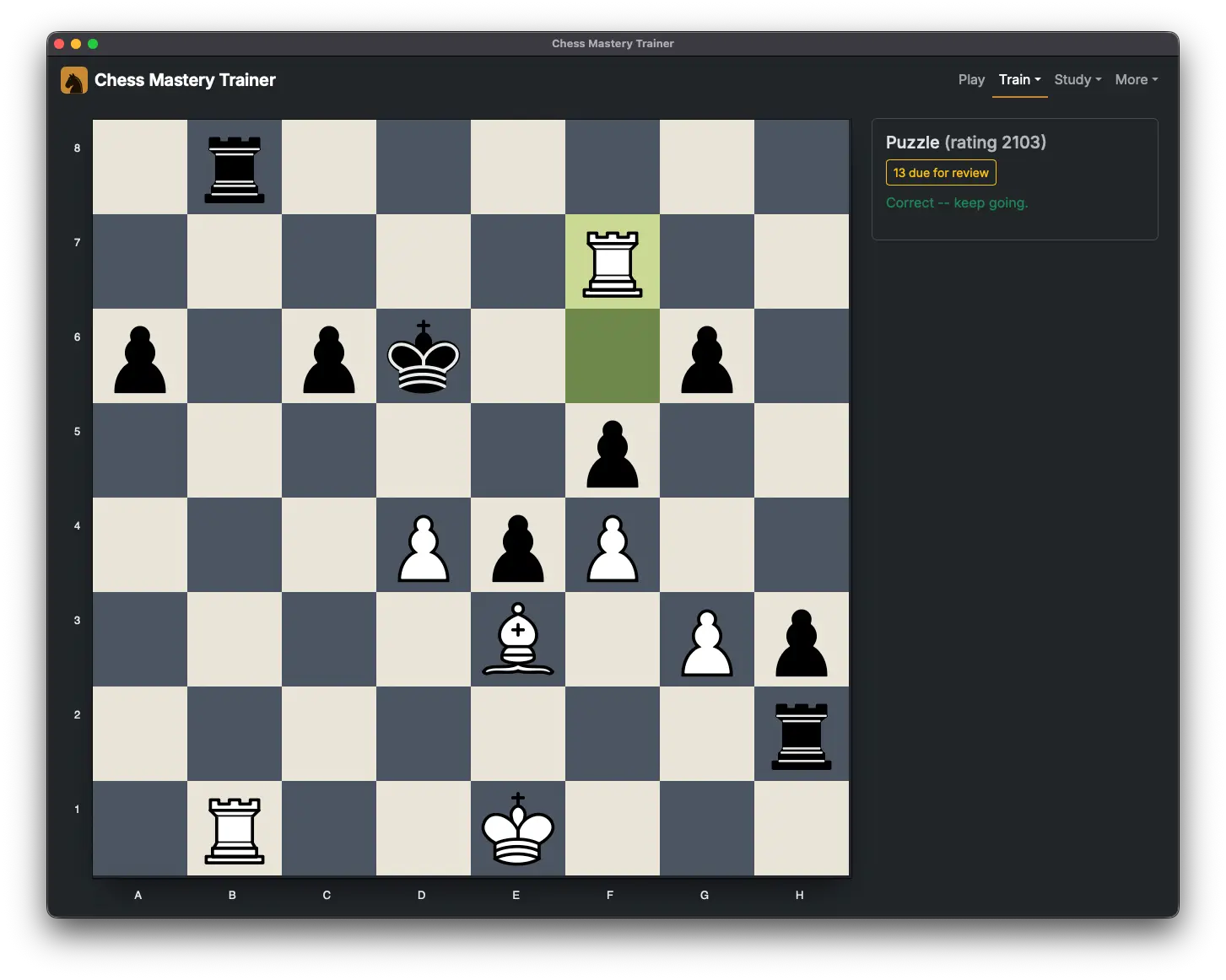 A Tactics puzzle in progress in Chess Mastery Trainer, rated 2103, with the correct move highlighted and Maia-3's confirmation that it was found.