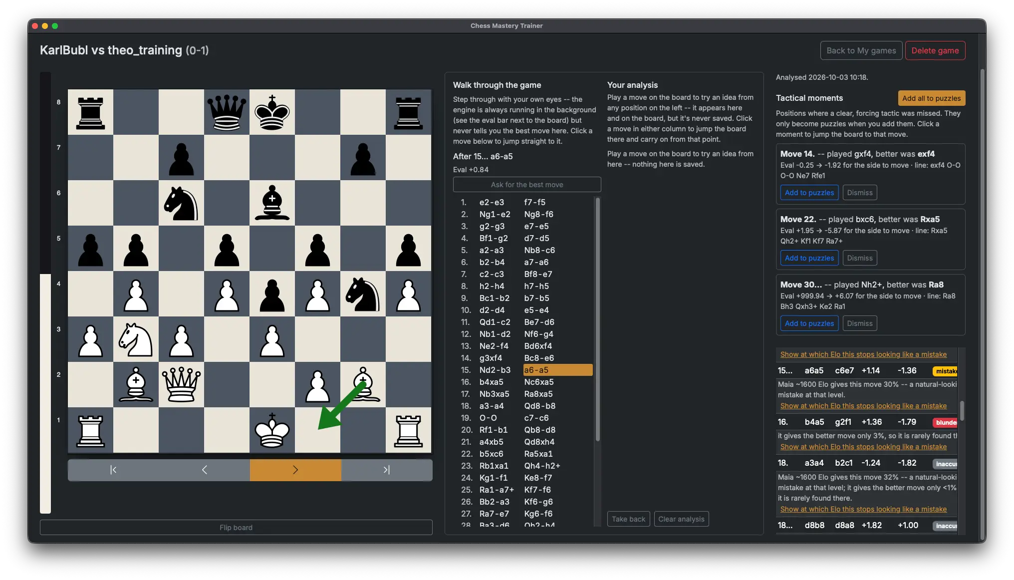 Analysis of an imported game in Chess Mastery Trainer, with tactical moments flagged as a mistake or a blunder and the better move shown for each.